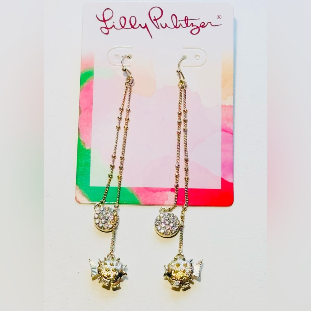 LILLY PULITZER Dangling Puffer Fish Earrings NEW Gold Tone 3.75 inches